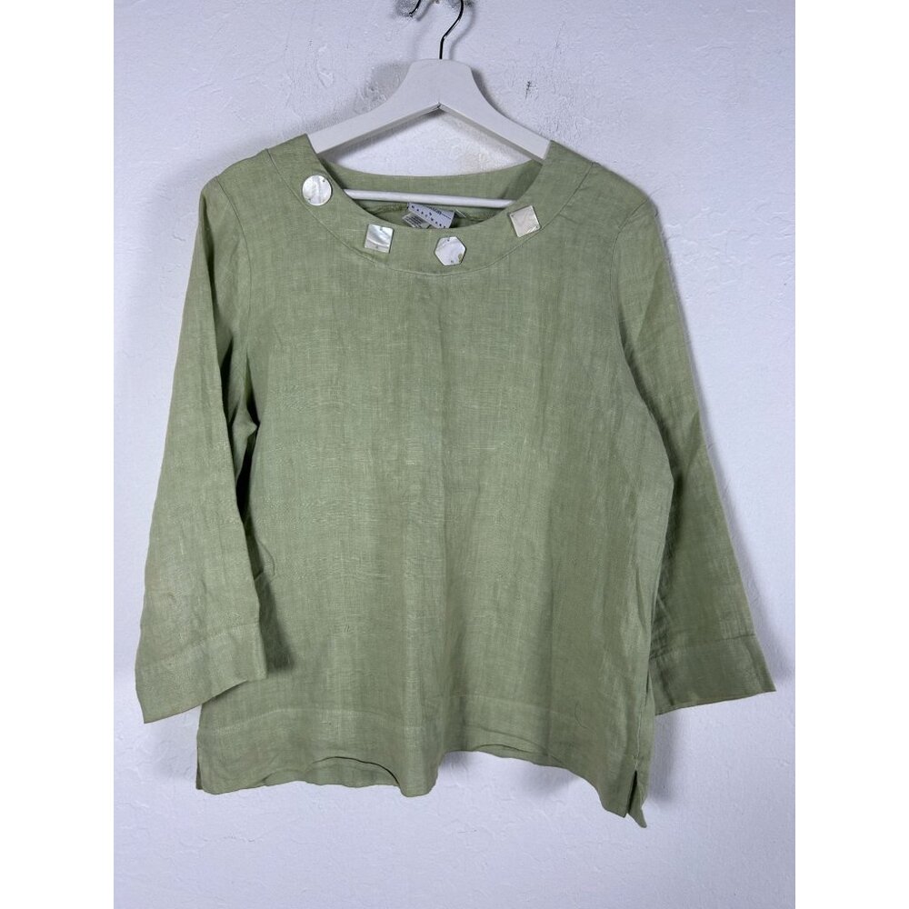 Hot Cotton Womens Green Linen Shell Embellishments Blouse Top 3/4 Sleeves Small